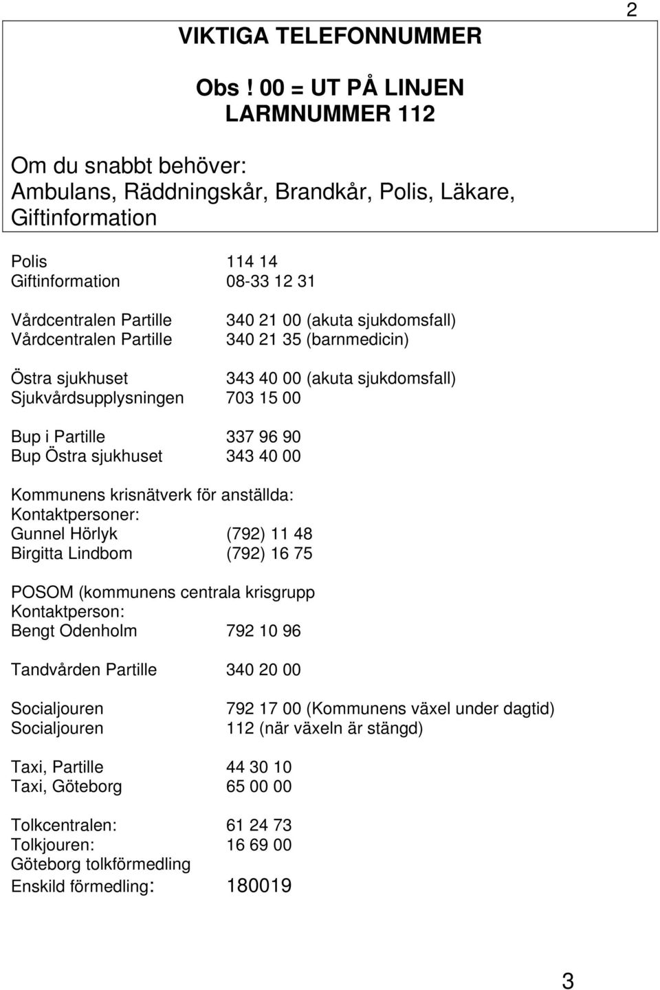 Partille 340 21 00 (akuta sjukdomsfall) 340 21 35 (barnmedicin) Östra sjukhuset 343 40 00 (akuta sjukdomsfall) Sjukvårdsupplysningen 703 15 00 Bup i Partille 337 96 90 Bup Östra sjukhuset 343 40 00