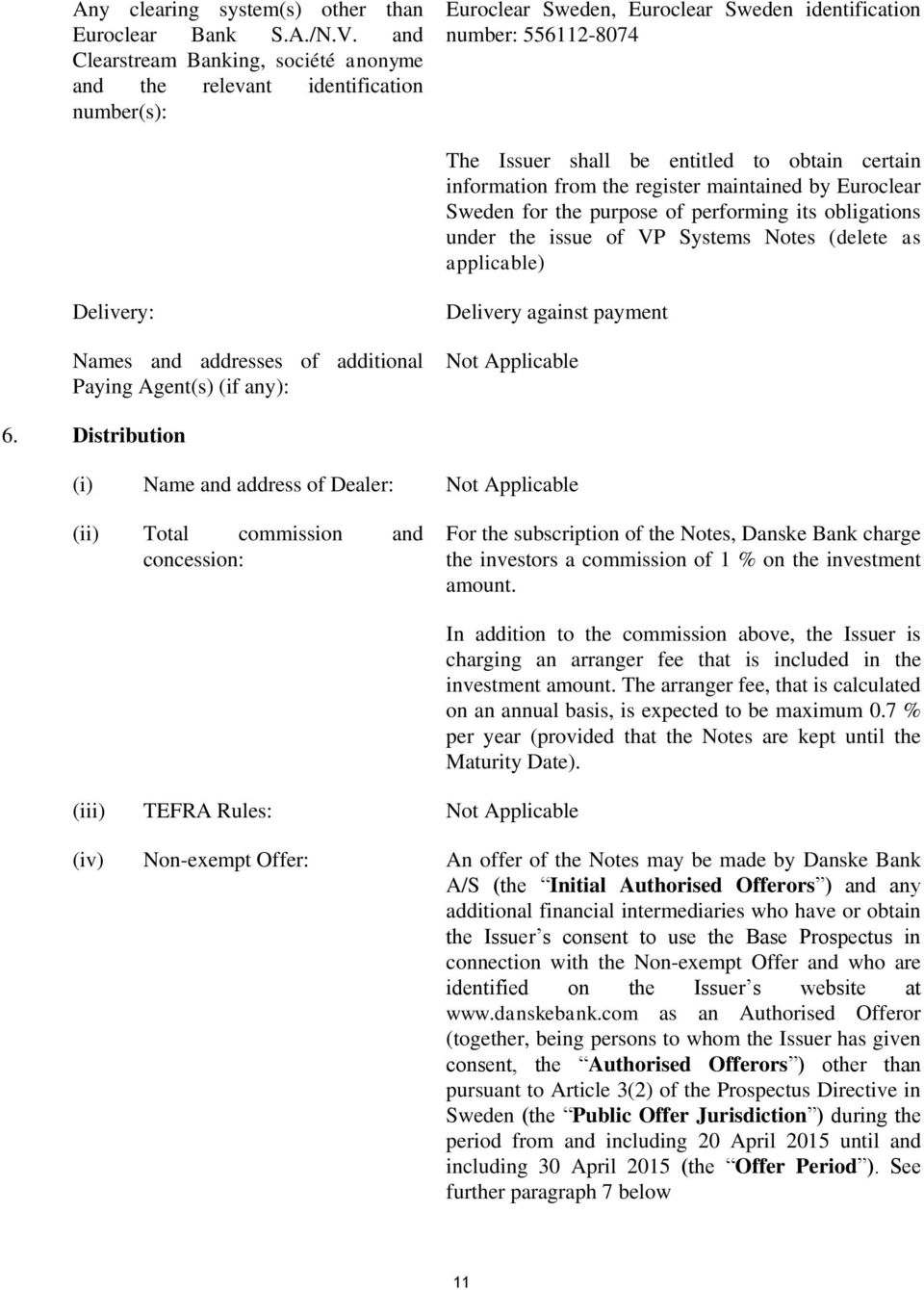 certain information from the register maintained by Euroclear Sweden for the purpose of performing its obligations under the issue of VP Systems Notes (delete as applicable) Delivery: Names and