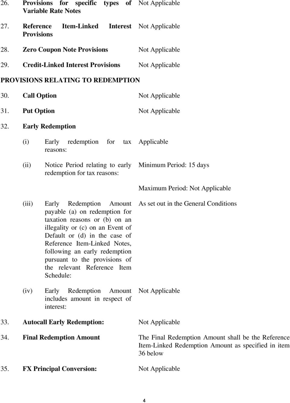 Early Redemption (i) Early redemption for tax reasons: Applicable (ii) Notice Period relating to early redemption for tax reasons: Minimum Period: 15 days Maximum Period: Not Applicable (iii) Early