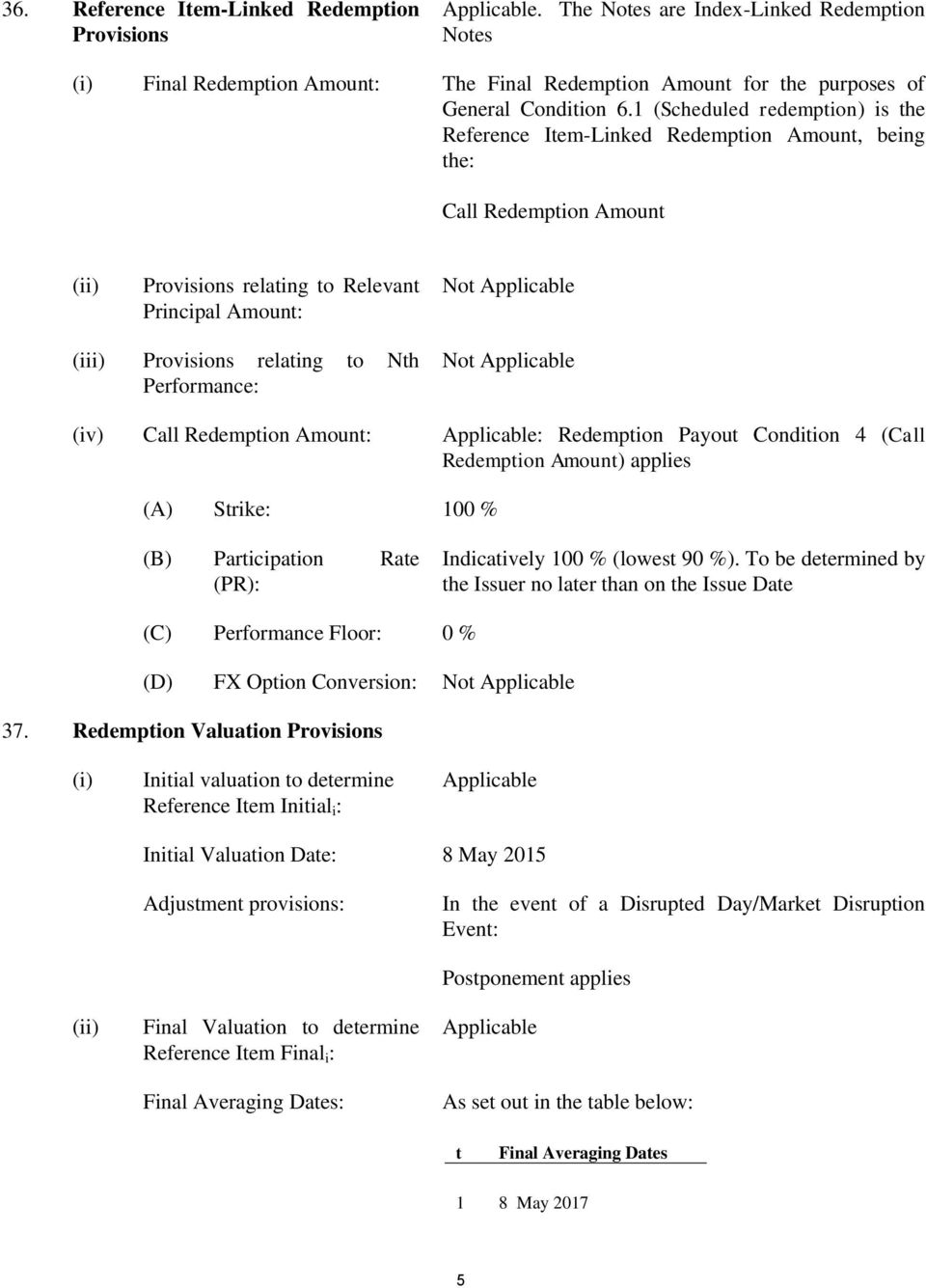 1 (Scheduled redemption) is the Reference Item-Linked Redemption Amount, being the: Call Redemption Amount (ii) Provisions relating to Relevant Principal Amount: Not Applicable (iii) Provisions