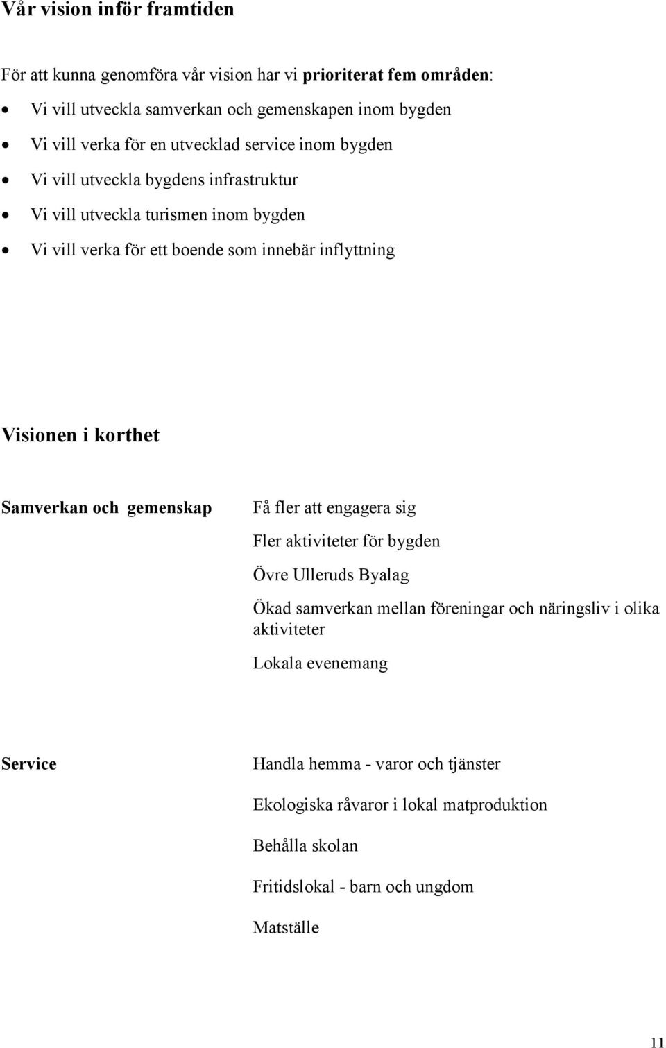 Visionen i korthet Samverkan och gemenskap Få fler att engagera sig Fler aktiviteter för bygden Övre Ulleruds Byalag Ökad samverkan mellan föreningar och näringsliv i