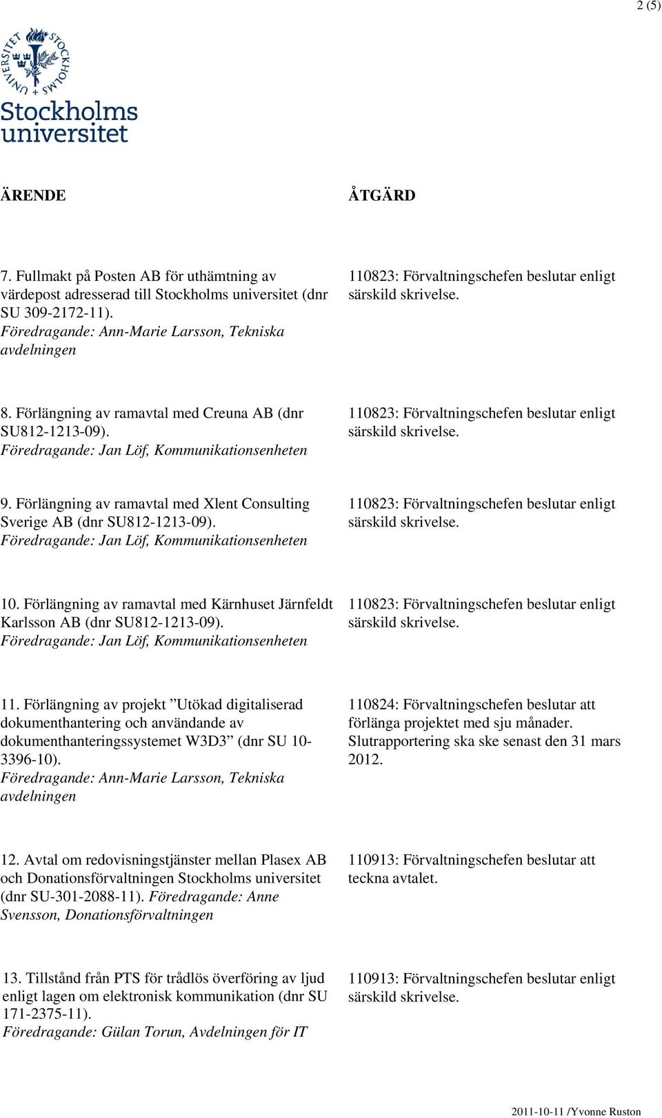 Förlängning av ramavtal med Kärnhuset Järnfeldt Karlsson AB (dnr SU812-1213-09). 11.