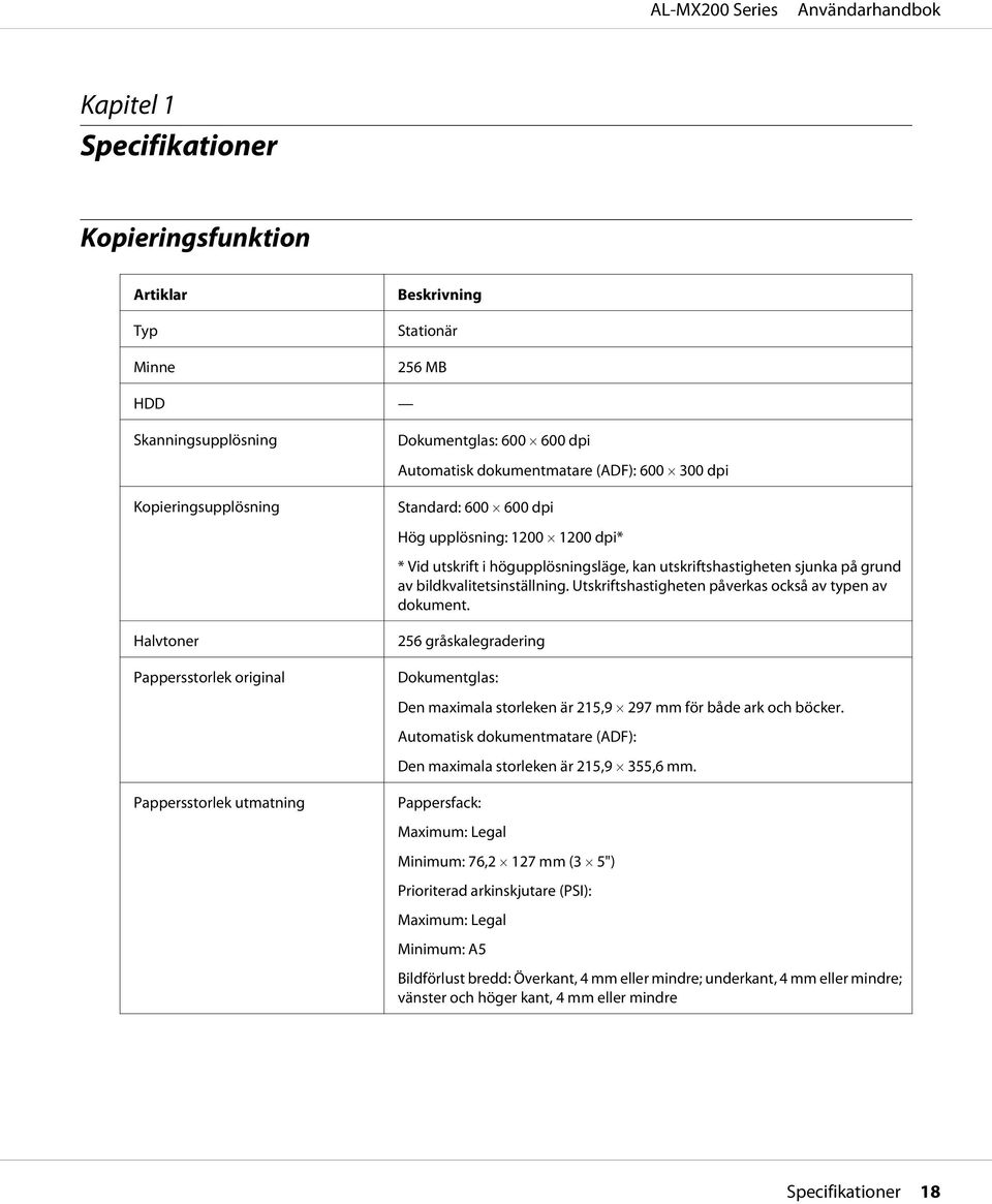 grund av bildkvalitetsinställning. Utskriftshastigheten påverkas också av typen av dokument. 256 gråskalegradering Dokumentglas: Den maximala storleken är 215,9 297 mm för både ark och böcker.