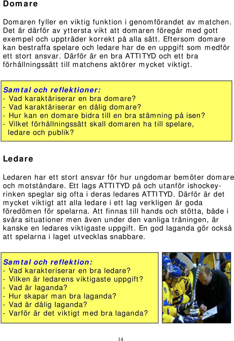 Samtal och reflektioner: - Vad karaktäriserar en bra domare? - Vad karaktäriserar en dålig domare? - Hur kan en domare bidra till en bra stämning på isen?