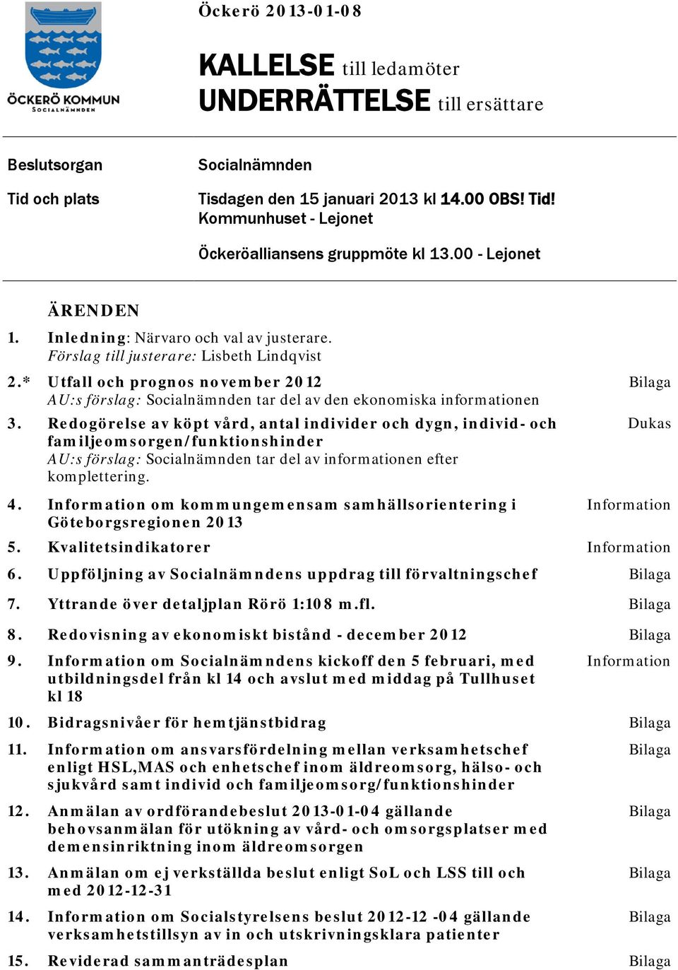 * Utfall och prognos november 2012 AU:s förslag: Socialnämnden tar del av den ekonomiska informationen 3.