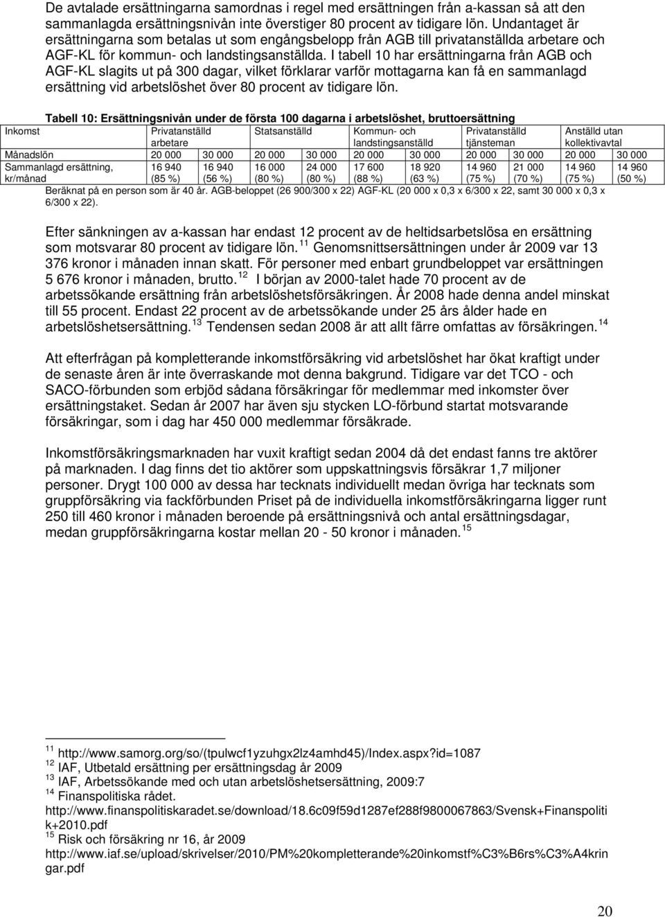 I tabell 10 har ersättningarna från AGB och AGF-KL slagits ut på 300 dagar, vilket förklarar varför mottagarna kan få en sammanlagd ersättning vid arbetslöshet över 80 procent av tidigare lön.