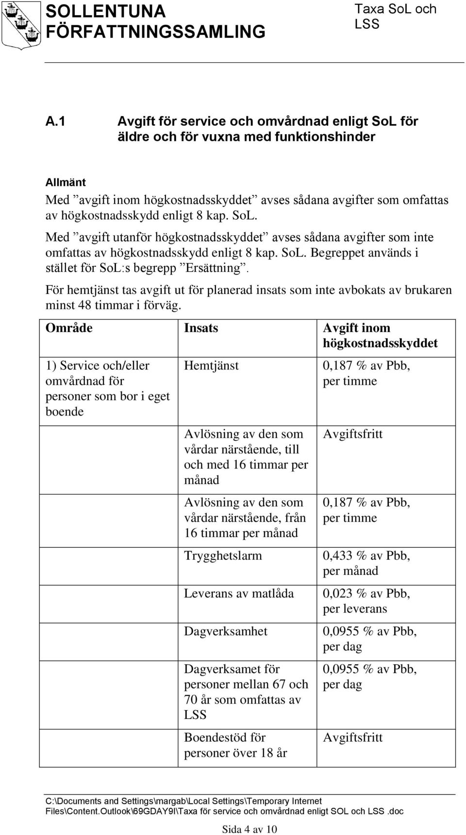 För hemtjänst tas avgift ut för planerad insats som inte avbokats av brukaren minst 48 timmar i förväg.