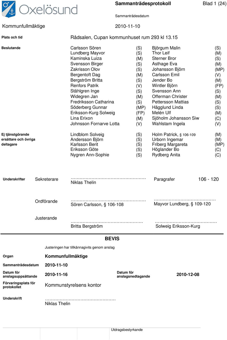 Bergentoft Dag (M) Carlsson Emil (V) Bergström Britta (S) Jender Bo (M) Renfors Patrik (V) Wintler Björn (FP) Ståhlgren Inge (S) Svensson Ann (S) Widegren Jan (M) Offerman Christer (M) Fredriksson