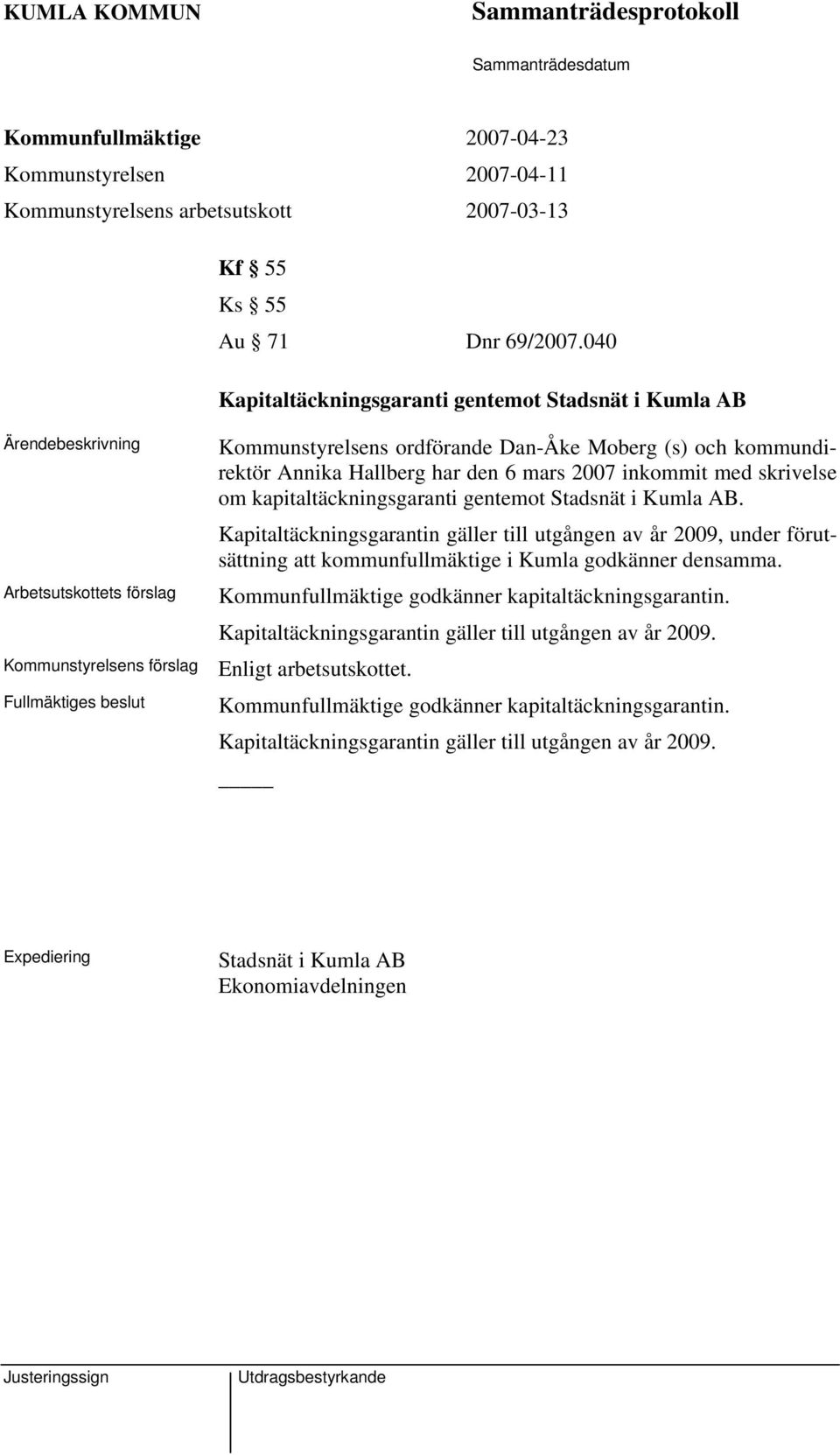 mars 2007 inkommit med skrivelse om kapitaltäckningsgaranti gentemot Stadsnät i Kumla AB.