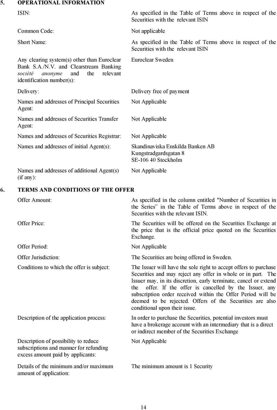 and addresses of Securities Registrar: Names and addresses of initial Agent(s): Names and addresses of additional Agent(s) (if any): As specified in the Table of Terms above in respect of the