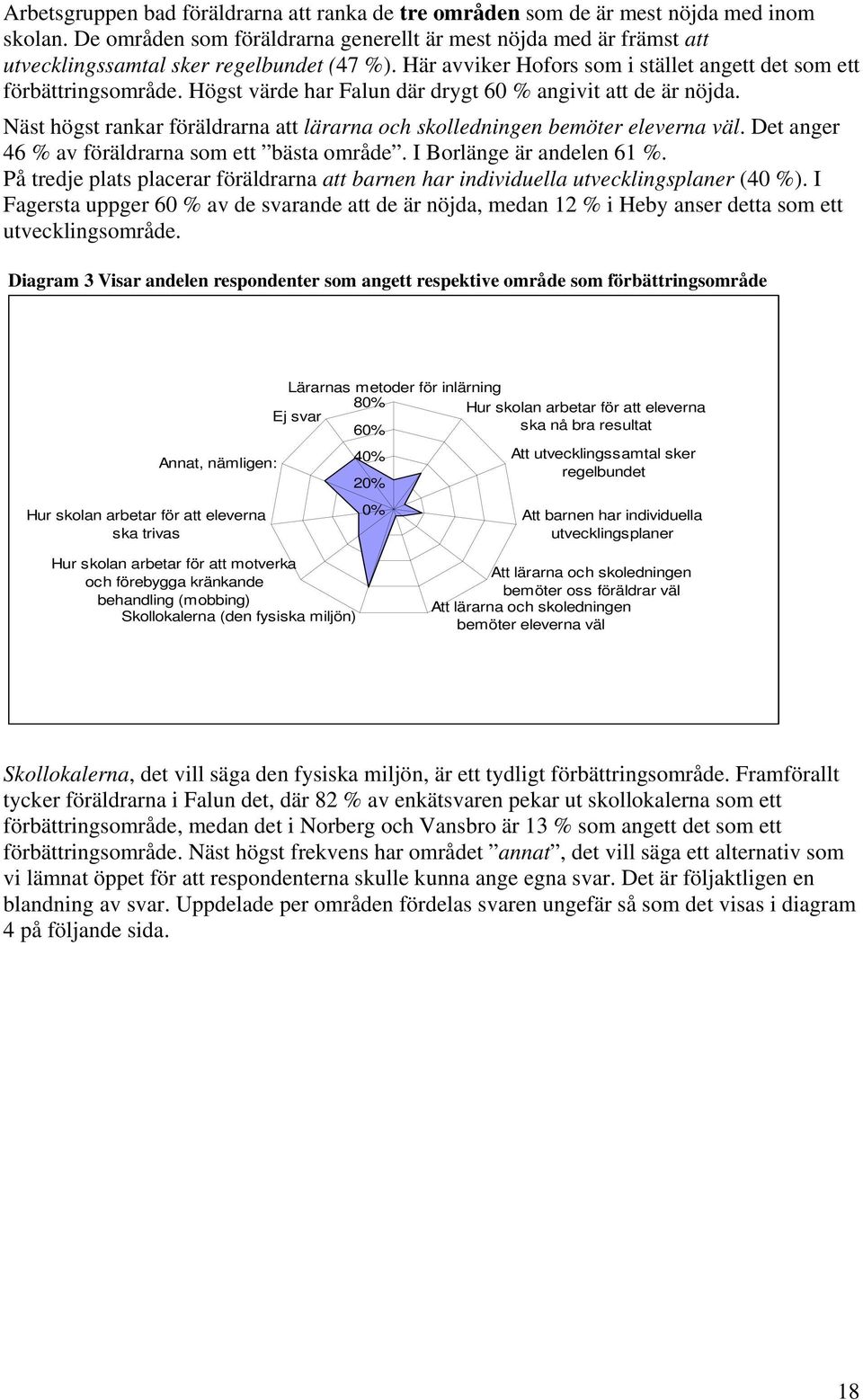 Högst värde har Falun där drygt 60 % angivit att de är nöjda. Näst högst rankar föräldrarna att lärarna och skolledningen bemöter eleverna väl. Det anger 46 % av föräldrarna som ett bästa område.