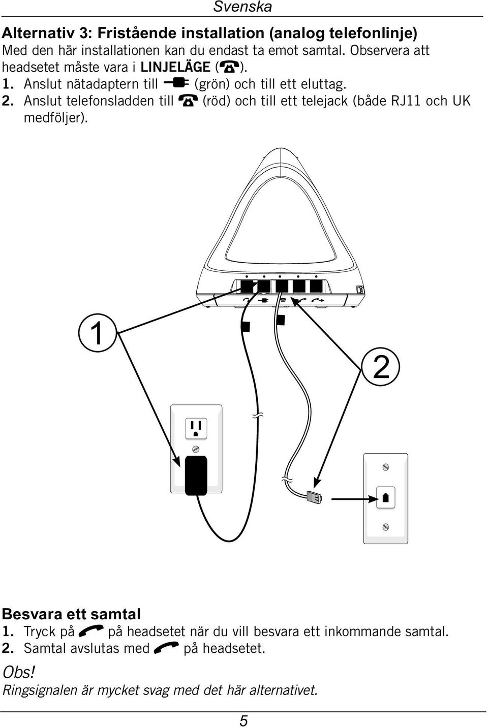 Anslut telefonsladden till T (röd) och till ett telejack (både RJ11 och UK medföljer). 1 2 Besvara ett samtal 1.