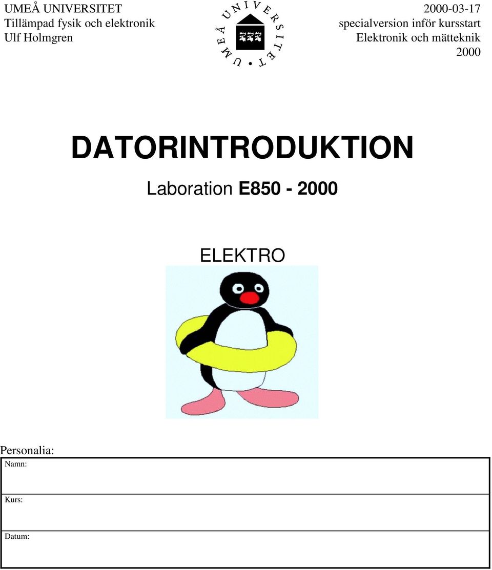 Elektronik och mätteknik 2000 DATORINTRODUKTION