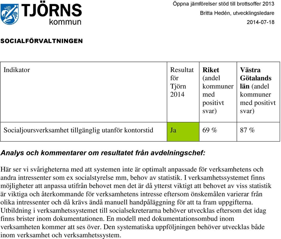 I verksamhetssystemet finns möjligheter att anpassa utifrån behovet men det är då ytterst viktigt att behovet av viss statistik är viktiga och återkommande verksamhetens intresse eftersom önskemålen