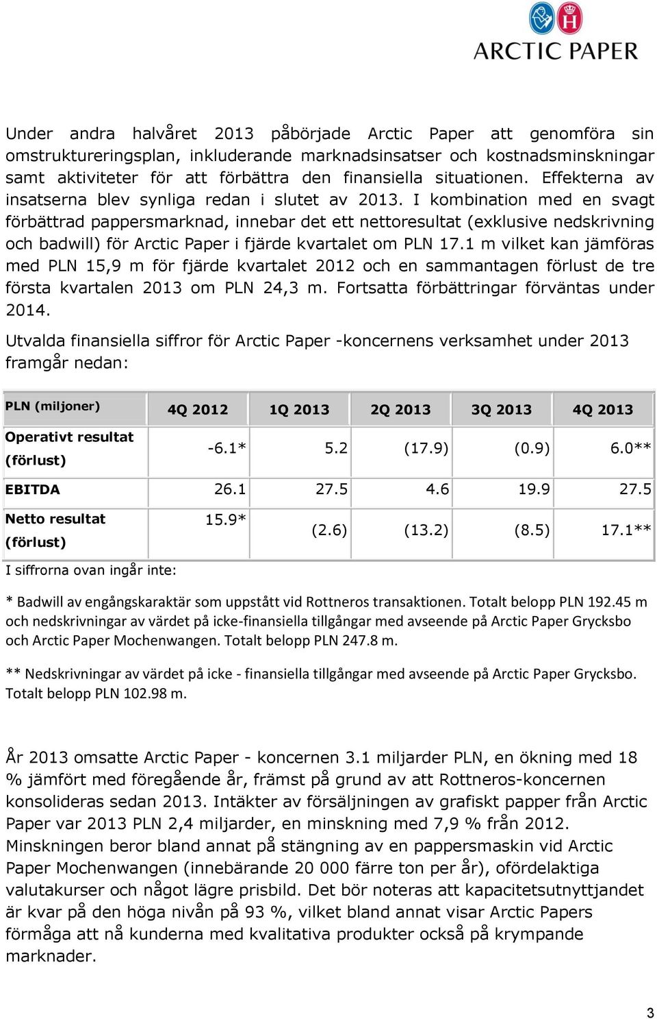 I kombination med en svagt förbättrad pappersmarknad, innebar det ett nettoresultat (exklusive nedskrivning och badwill) för Arctic Paper i fjärde kvartalet om PLN 17.