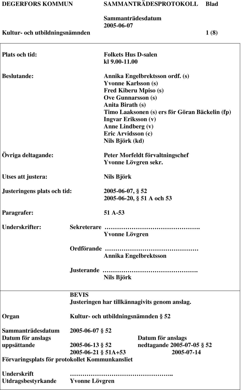 (kd) Peter Morfeldt förvaltningschef Yvonne Lövgren sekr. Nils Björk Justeringens plats och tid:, 52 2005-06-20, 51 A och 53 Paragrafer: 51 A-53 Underskrifter: Sekreterare.