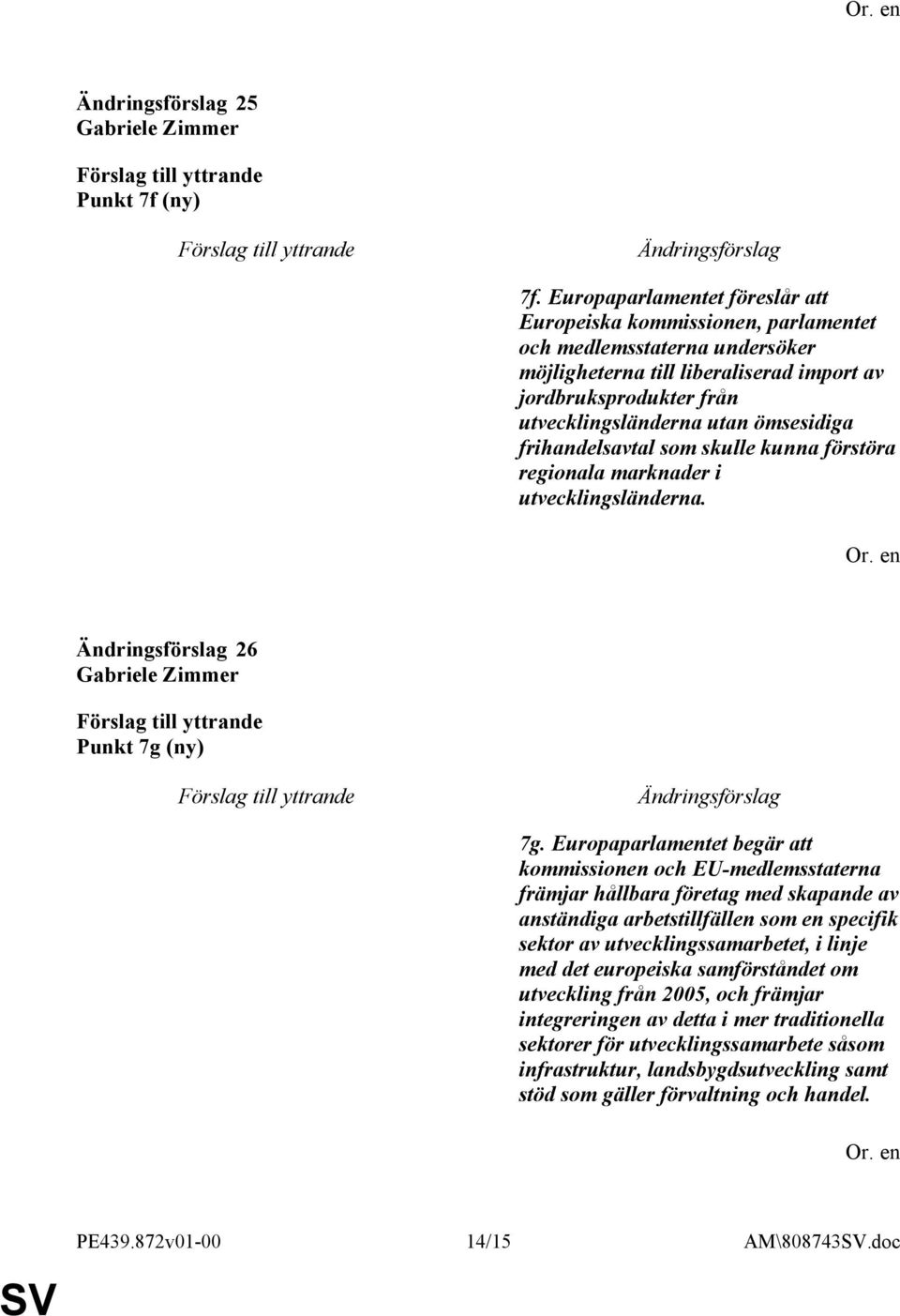 ömsesidiga frihandelsavtal som skulle kunna förstöra regionala marknader i utvecklingsländerna. 26 Punkt 7g (ny) 7g.