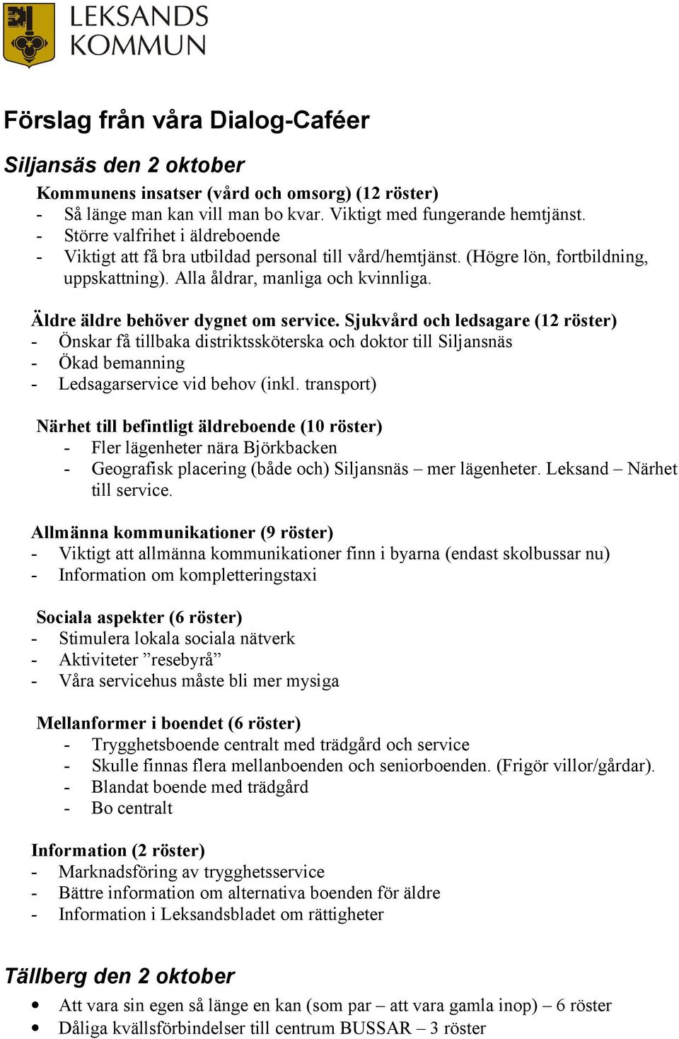 Äldre äldre behöver dygnet om service. Sjukvård och ledsagare (12 röster) - Önskar få tillbaka distriktssköterska och doktor till Siljansnäs - Ökad bemanning - Ledsagarservice vid behov (inkl.