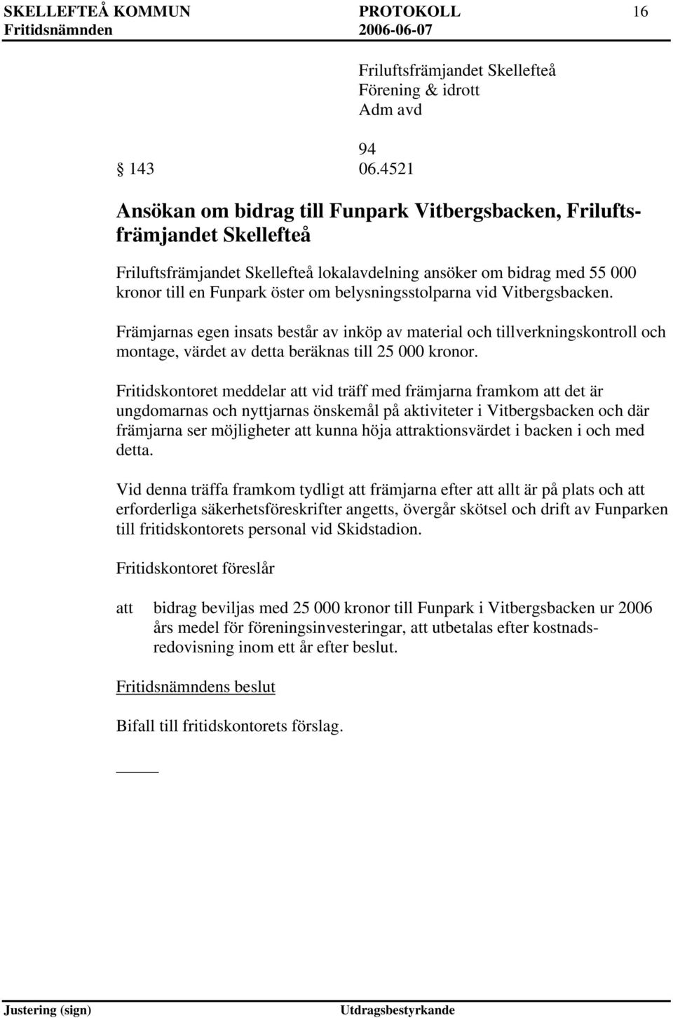 bidrag med 55 000 kronor till en Funpark öster om belysningsstolparna vid Vitbergsbacken.