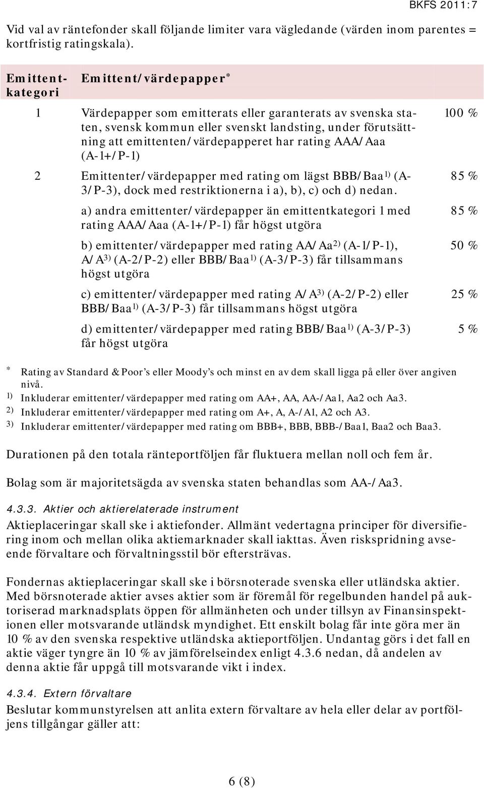 rating AAA/Aaa (A-1+/P-1) 2 Emittenter/värdepapper med rating om lägst BBB/Baa 1) (A- 3/P-3), dock med restriktionerna i a), b), c) och d) nedan.