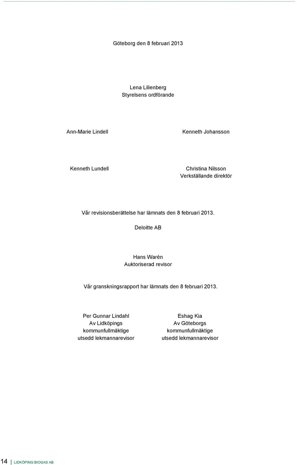 Deloitte AB Hans Warén Auktoriserad revisor Vår granskningsrapport har lämnats den 8 februari 2013.