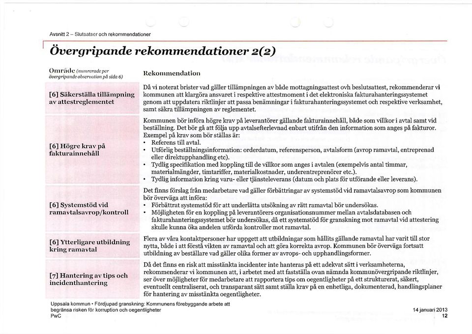 Ytterligare utbildning kring ramavtal [7] Hantering av tips och incidenthantering Då vi noterat brister vad gäller tillämpningen av både mottagningsattest ovh beslutsattest, rekommenderar vi kommunen