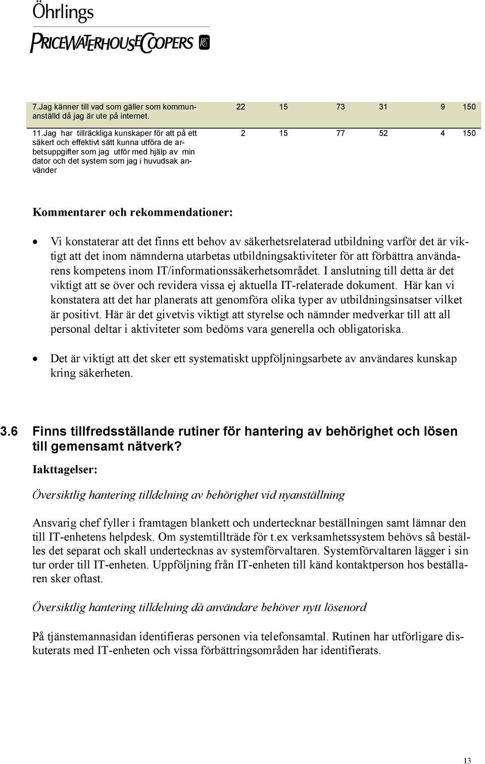 150 2 15 77 52 4 150 Kommentarer och rekommendationer: Vi konstaterar att det finns ett behov av säkerhetsrelaterad utbildning varför det är viktigt att det inom nämnderna utarbetas