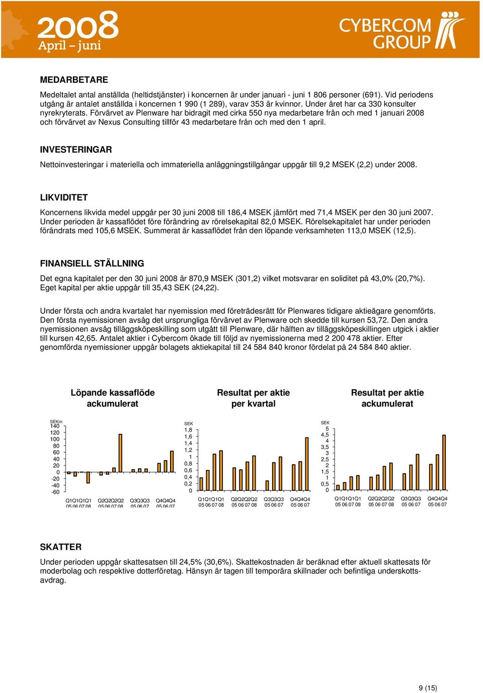 Förvärvet av Plenware har bidragit med cirka 550 nya medarbetare från och med 1 januari 2008 och förvärvet av Nexus Consulting tillför 43 medarbetare från och med den 1 april.