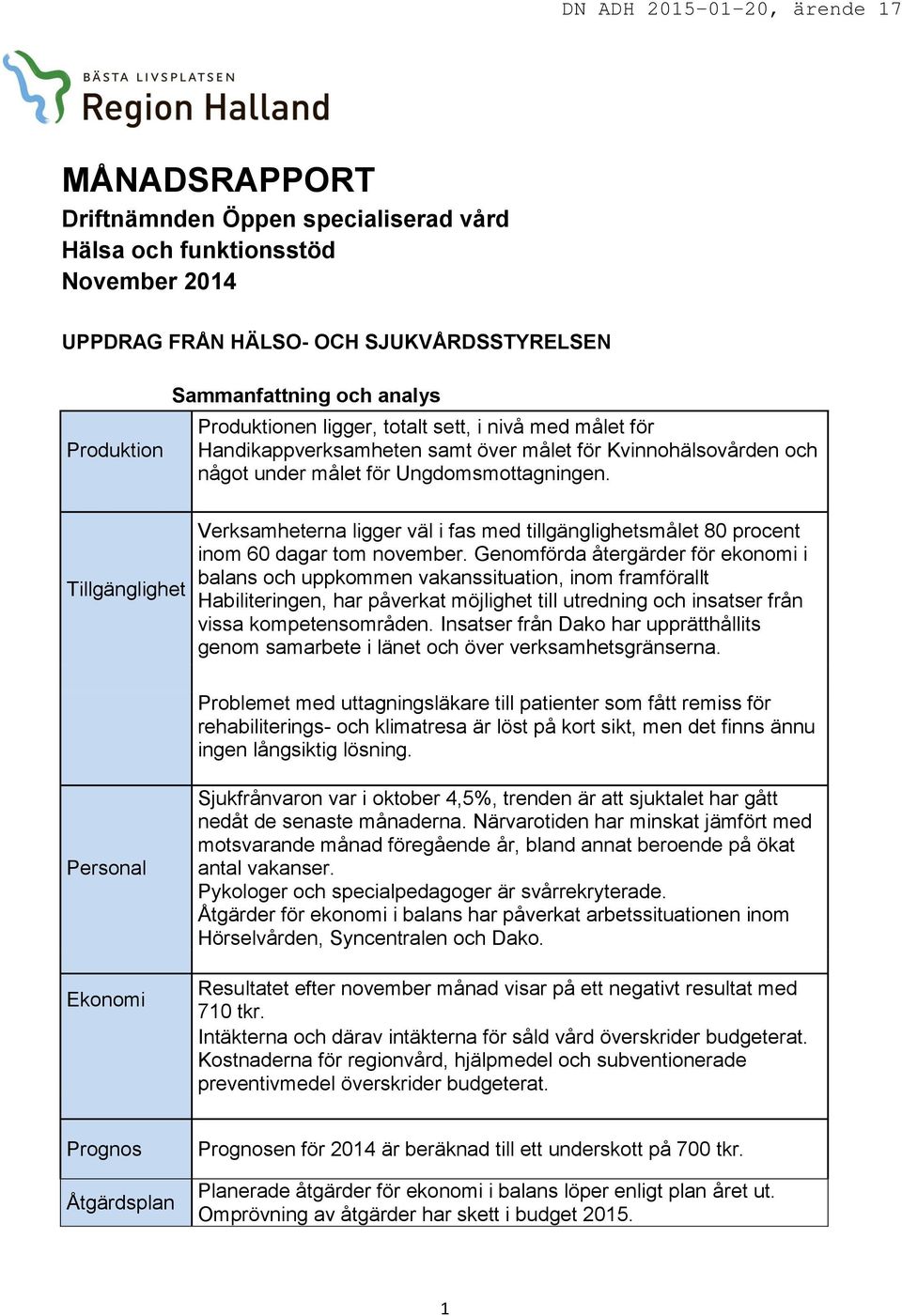 Tillgänglighet Verksamheterna ligger väl i fas med tillgänglighetsmålet 80 procent inom 60 dagar tom november.