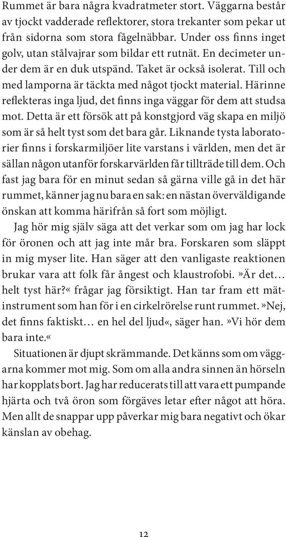 Härinne reflekteras inga ljud, det finns inga väggar för dem att studsa mot. Detta är ett försök att på konstgjord väg skapa en miljö som är så helt tyst som det bara går.