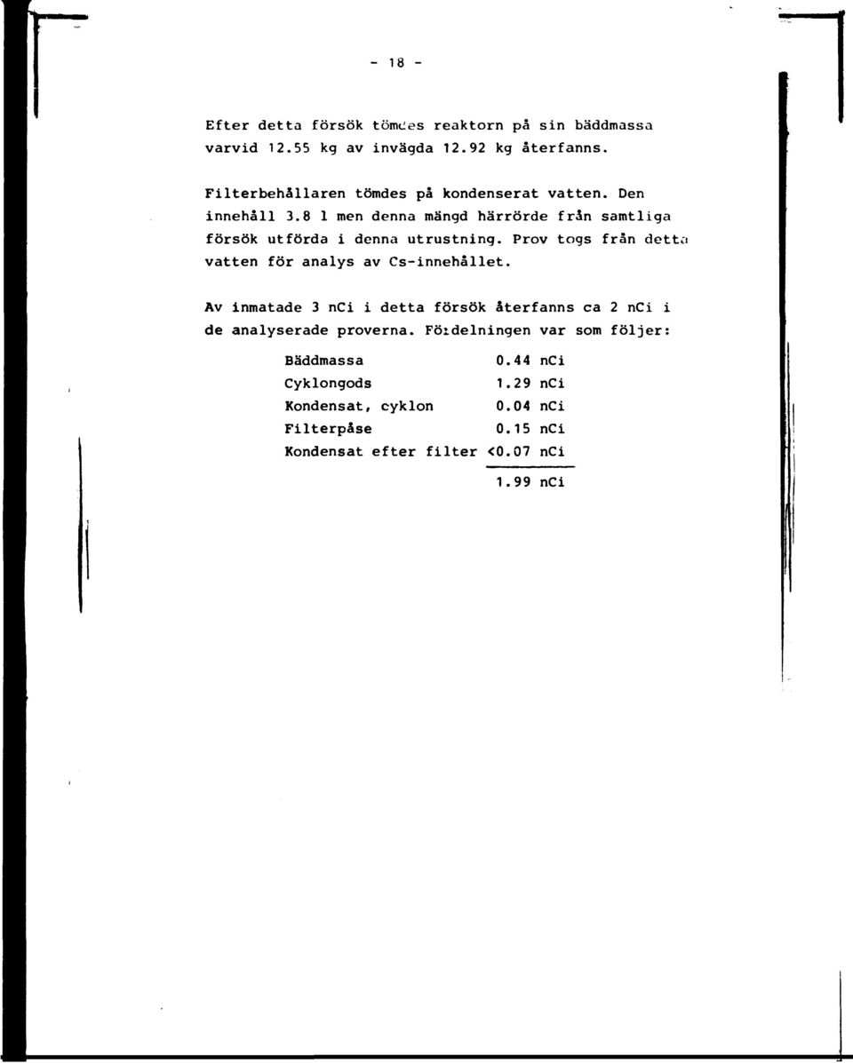 8 1 men denna mängd härrörde från samtliga försök utförda i denna utrustning. Prov togs från dettci vatten för analys av Cs-innehållet.
