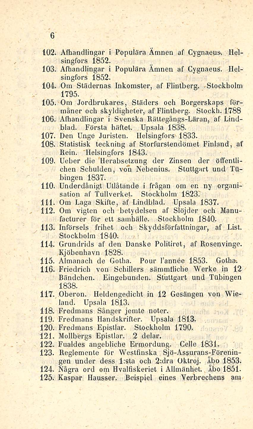 6 102. Afhandlingar i Populära Ämnen af Cygnaeus. Helsingfors 103. Afhandlingar i Populära Ämnen af Cygnaeus. Helsingfors 104. Om Städernas Inkomster, af Flintberg. Stockholm 1795. 105.