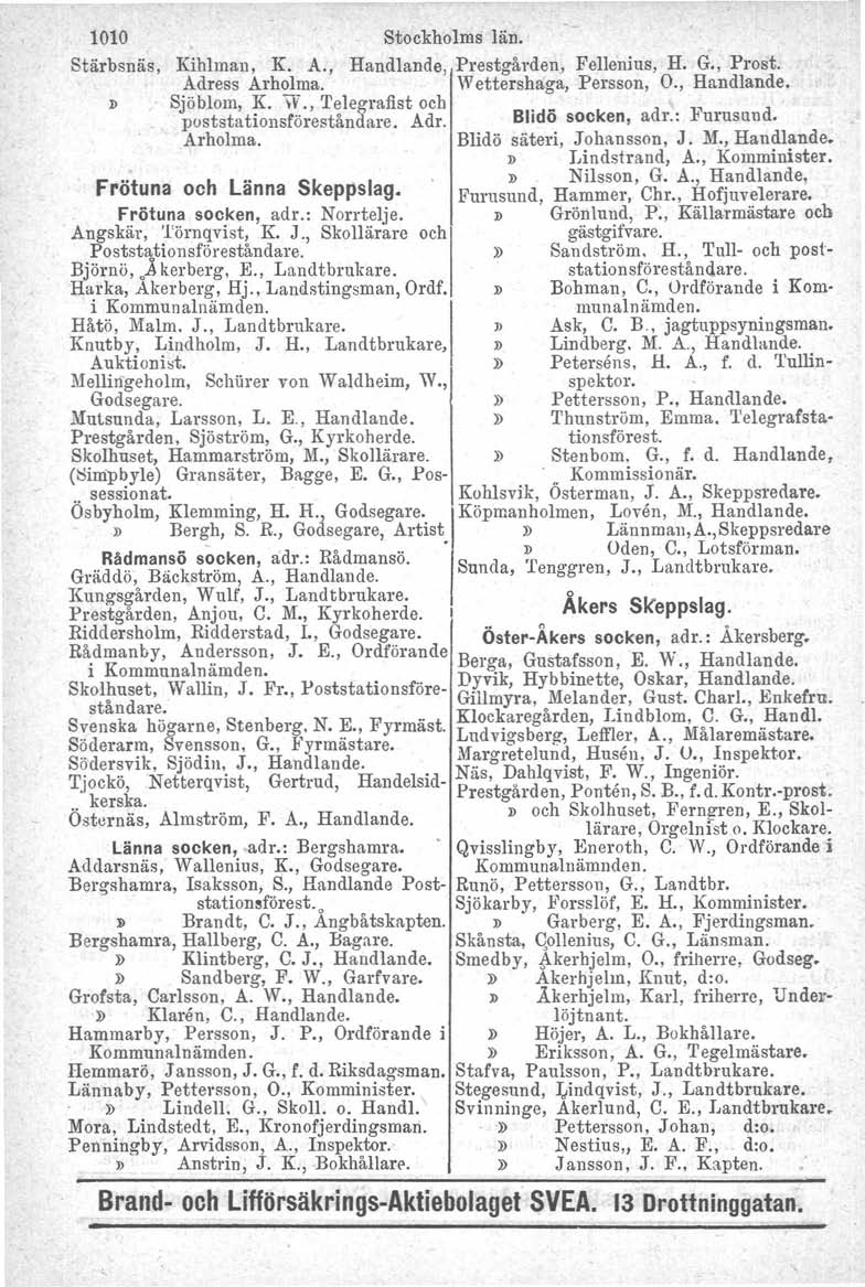 1010 Stärbsnäs, 1> Stockholms län. Kihlrnan, K. A., Handlande, Prestgården, Fellenius, H. G., Prost. Adress Arholma, Wettershaga, Persson, O., Handlande. Sjöblom, K. W., Telegrafist poetstationsföreståndare.