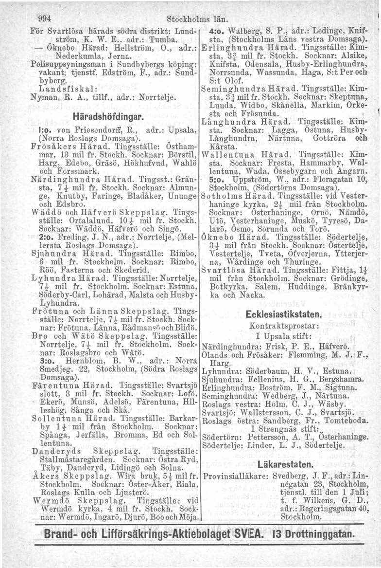 t Skeppslag. 994 Stockholms län. För Svartlösa härads södra distrikt: Lund- 4:0. Walberg, S. P., adr.: Ledinge, Knif- _ ström, K. W. E., adr.: Tumba. sta, (Stockholms Läns vestra Domsaga).