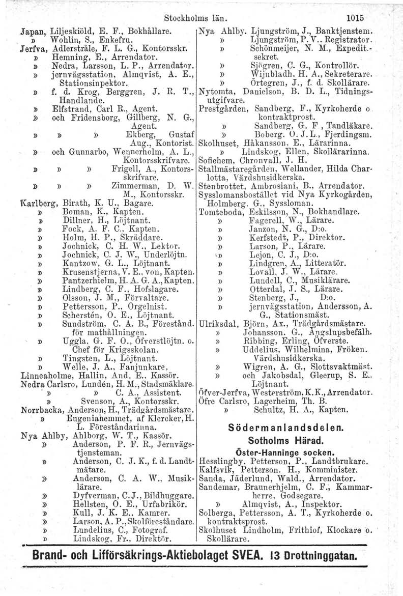 Stockholms län. 1015 Japan, Liljeskiöld, E. F., Bokhållare. Nya Ahlby. Ljungström, J., Banktjenstem. D Wohlin, S., Enkefrn. D Ljungström, P. V.. Registmtor. Jerfva, Adlerstråle. F. L. G., Kontorsskr.