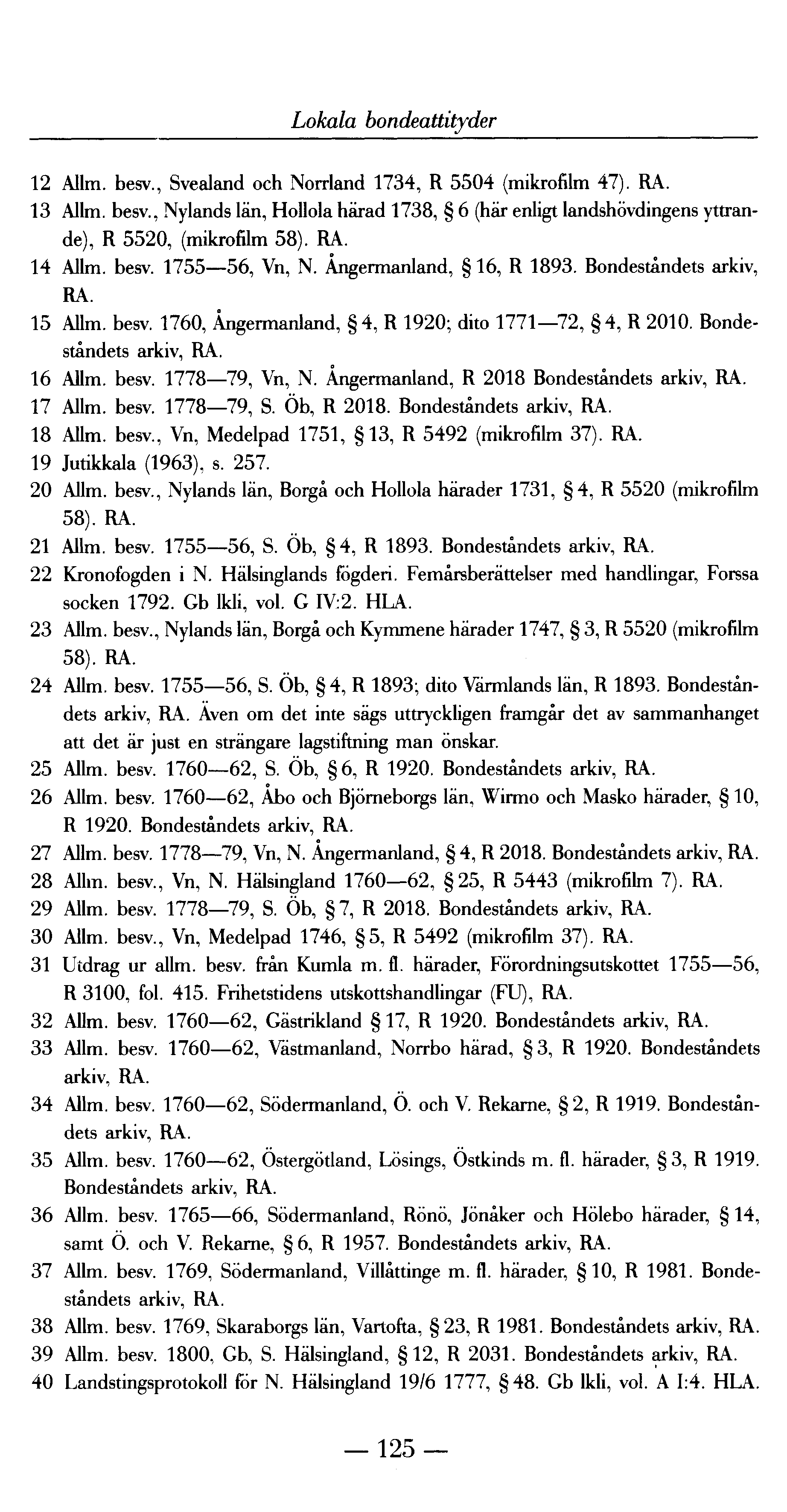 Lokala bondeattityder 12 Allm. besv., Svealand och Norrland 1 734, R 5 504 (mikrofilm 47 ). RA. 13 Allm. besv., Nylands län, Hollola härad 1738, 6 (här enligt landshövdingens yttrande), R 5 520, (mikrofilm 58).