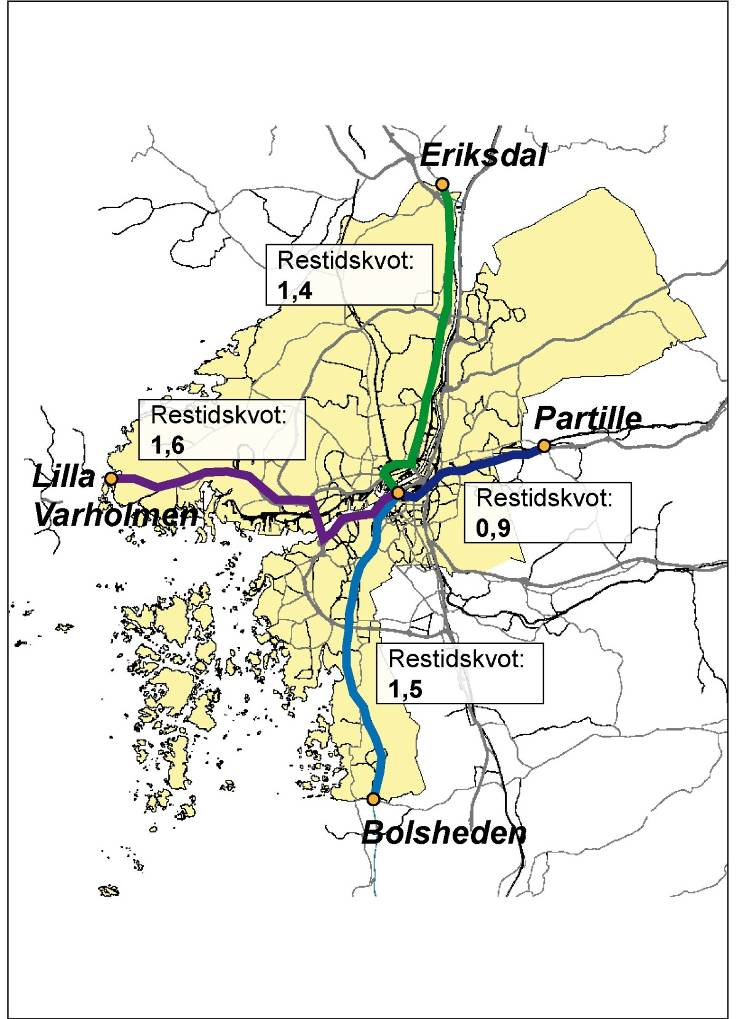 Trafikkontoret 10(13) Restidskvoter En restidskvot definieras som restiden med kollektivtrafiken dividerat med restiden för biltrafiken mellan samma start- och målpunkter.