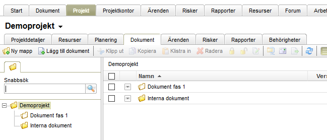 Papperskorg i projektmodulen Dokument Papperskorgen visas nu även i projektmodulen Dokument. Den innehåller där bara sådana dokument som slängts från projektet.