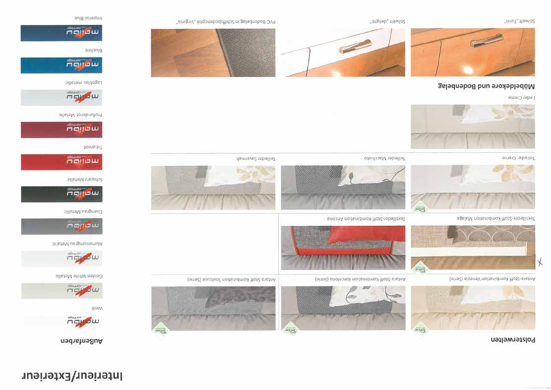 Dyndesign Möbeldekorer och golv TYGER, FÄRGER, DEKORER I DIN SMAK Utvändiga färger Antara-tyg-kombination Venezia (standard) Antara-tyg-kombination Barcelona (standard) Antara-tyg-kombination