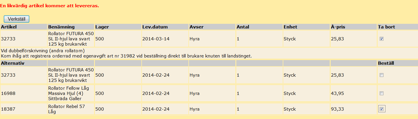 Exempel 3 Det finns två äldre artiklar (16988 och 18387) samt en ny artikel (32733). Saldo finns på de båda äldre artiklarna men inte för den nya. Du beställer artikel 32733 och TRYCKER ENTER.