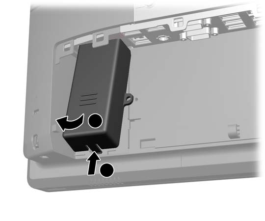 4. Tryck inåt på fliken nederst på USB-säkerhetsskyddet (1) och rotera nederdelen av skyddet uppåt