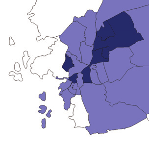 14 6 5 Kvinnor Antal per 1 4 3 2 15-24 år 25-44 år 45-64 år 65-- år 1 23 24 25 26 27 28 Figur A-11 Vårdtillfällen per 1 invånare i Västra Götaland för självtillfogad skada - kvinnor, fördelade på