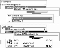 102 Infotainmentsystem FM- eller DAB-meny (endast för typ A) FM- eller DAB-kategorier DAB-meny DAB-meddelanden (endast för typ A) Menyn AM/FM eller DAB- (endast för typ A) Uppdatera FM/AM- eller