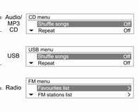 Infotainmentsystem 91 Välj funktion FM-/AM-radio eller DAB (endast för typ A) Uppspelning av CD/MP3/USB/iPodljud eller extern ljudinsignal (AUX) Tryck på knappen RADIO BAND för att välja AM/FM-radio