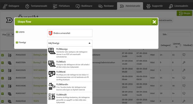 Flowtyper De flowtyper som är aktuella under denna pilot är: FLOWlock: Används vid tentamen där studenterna skriver in sina svar på en och samma sida. Frågorna laddas då upp som en PDF-fil.
