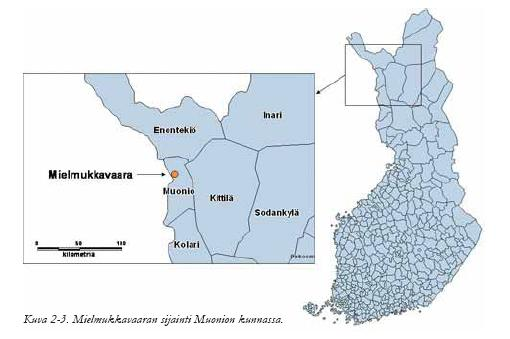 Bild 1. Planområdets läge. Mielmukkavaara Bild 2. Gränser för projektområdet och uppfattning om vindkraftverkens placering på området enligt projektplanen.