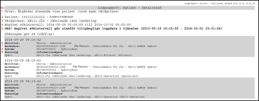 2.5.2.2 Exempel på loggrapport - Detaljerad Vy 49: Exempel på detaljerad loggrapport Beskrivning av respektive fält. Nummer Fält Beskrivning 1 Urval Typen av loggrapport som har körts.