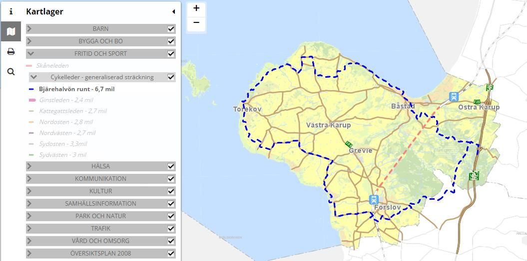 1. Meny I menyn till vänster i kartfönstret finns delar av kartans funktioner. A. i Startfliken innehåller information om kartan, manual samt kontaktuppgifter. B.