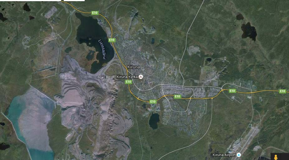 B X A C Figur 1. Karta över Kiruna tätort med centrum markerat (A), de två områdena Luossavaara och Norrmalm (B) samt Tuollavaara (C).