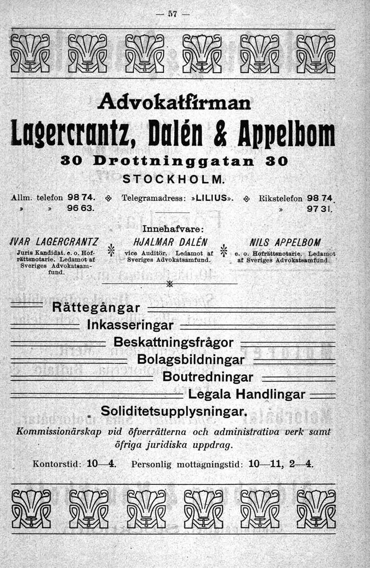 .A.lhn. telefon 9874.. cg.' 'I'elegramadress:»l..lLlU5»..g,..",'-./~ 96 6~...". ~ ~J,," {... ;:1.,'Inn;ehafvare: IVAR 'LAGER(}8ANTZ' l' HJAI:.MAR DALEN, Juri. KlUldidat:~.